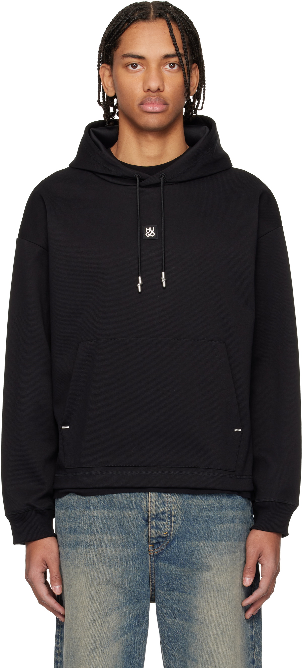 Hugo Black Relaxed Fit Stacked-Logo Hoodie