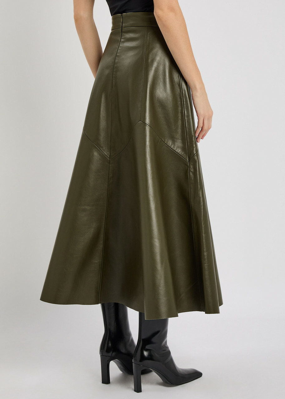 Skiim Max Panelled Leather Midi Skirt Khaki