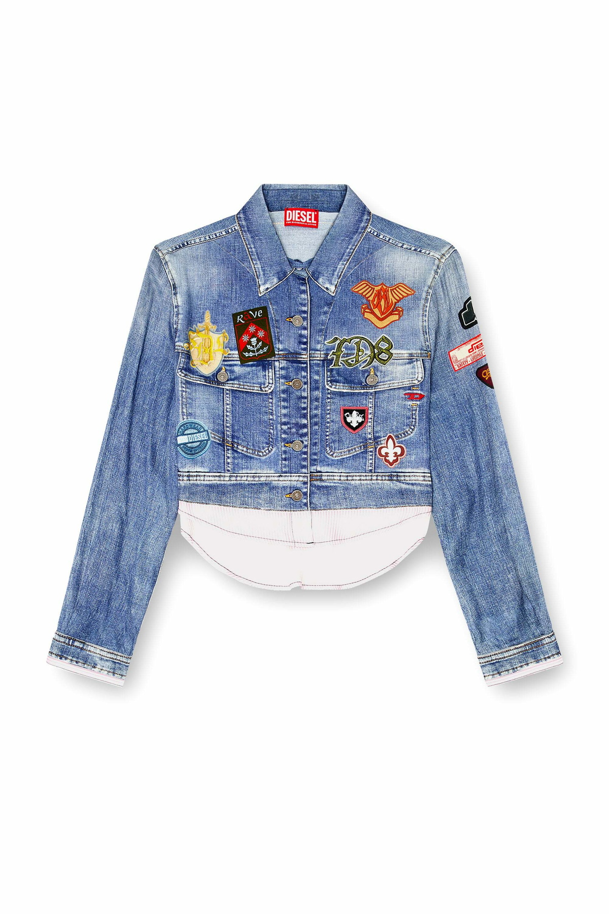 Diesel Cropped satin shirt with trompe-l'oeil denim print - Shirts - Woman -