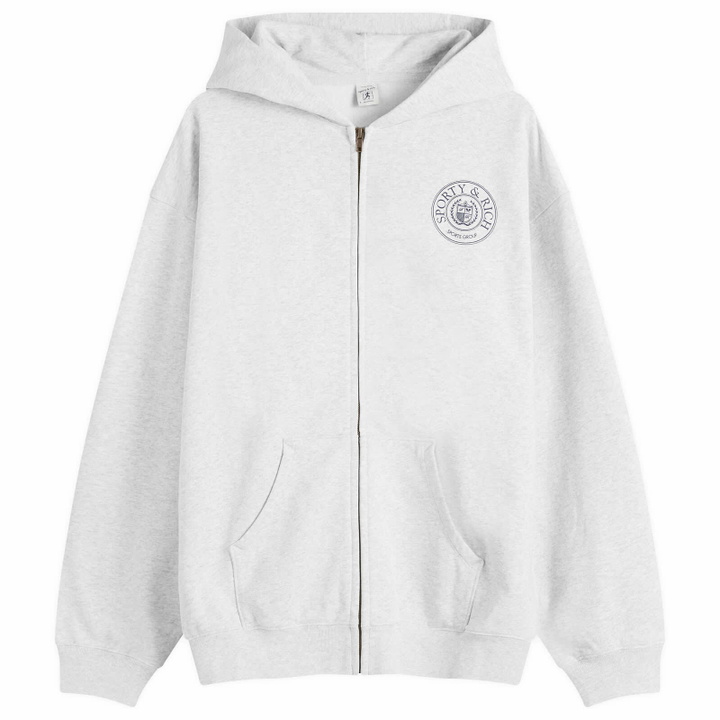 Photo: Sporty & Rich Men's Connecticut Crest Zip Hoodie in Heather Grey/Navy