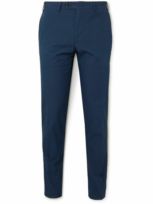 Photo: Canali - Tapered Cotton-Blend Seersucker Suit Trousers - Blue