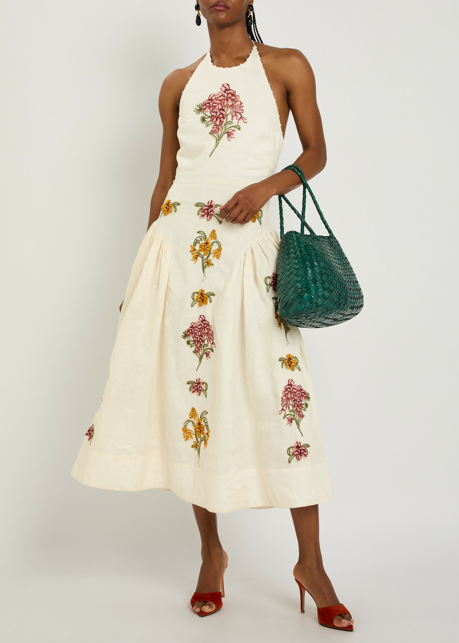 Agua BY Agua Bendita Balsa Floral-embroidered Linen Midi Dress Multicoloured
