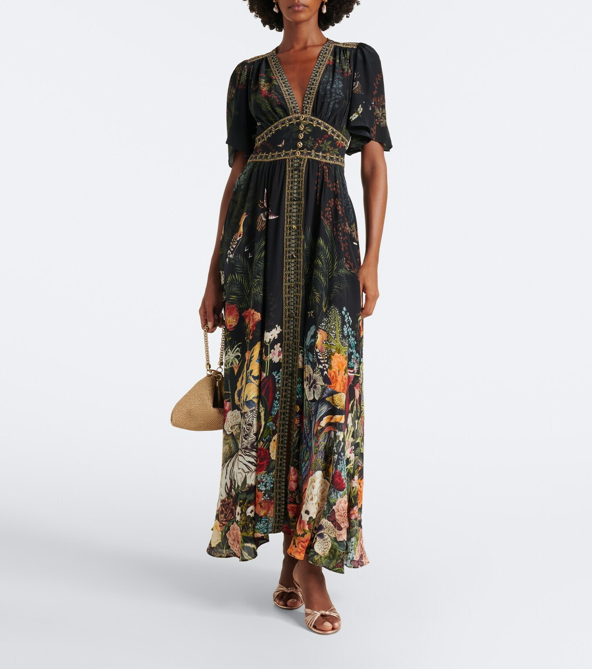 Camilla Embellished printed silk satin maxi dress