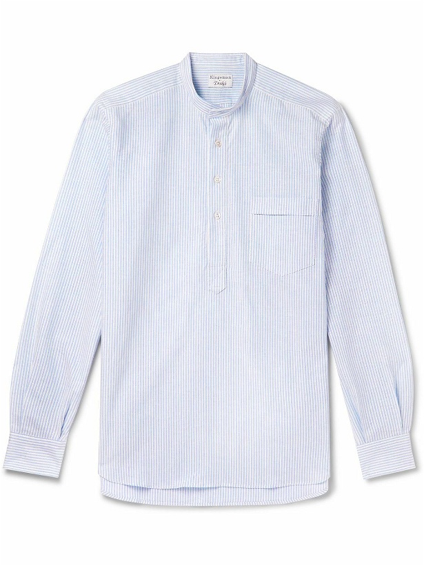 Photo: Kingsman - Grandad Collar Striped Cotton Oxford Shirt - Blue