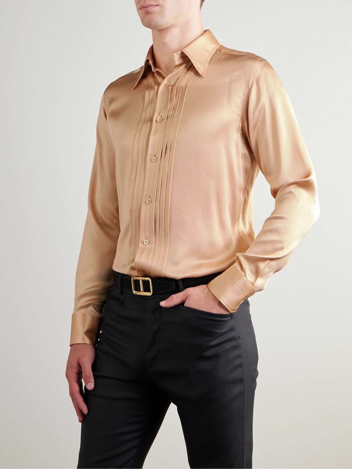 TOM FORD - Pintucked Silk-Charmeuse Shirt - Neutrals
