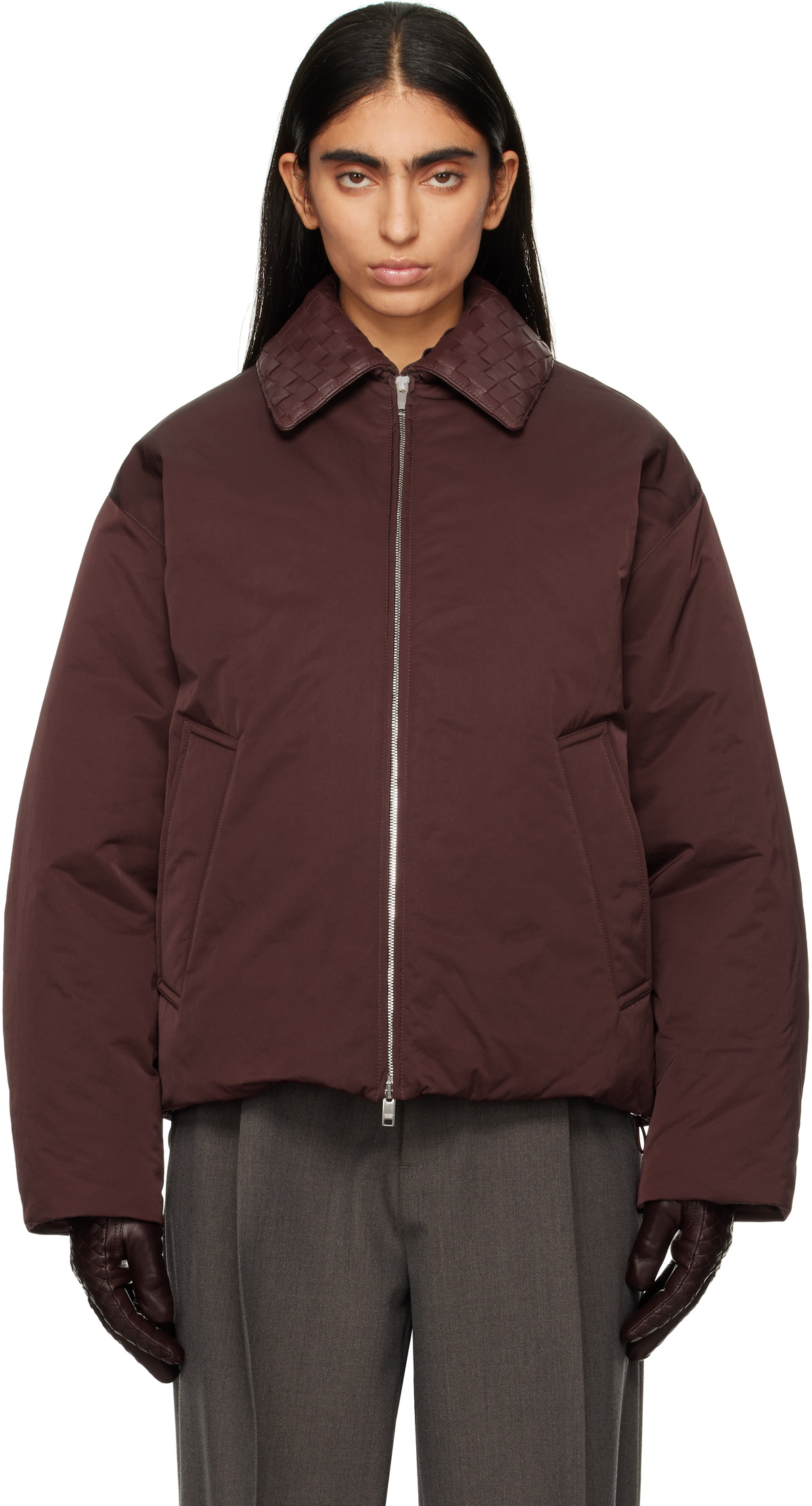 Bottega Veneta Burgundy Tech Nylon Down Puffer Jacket