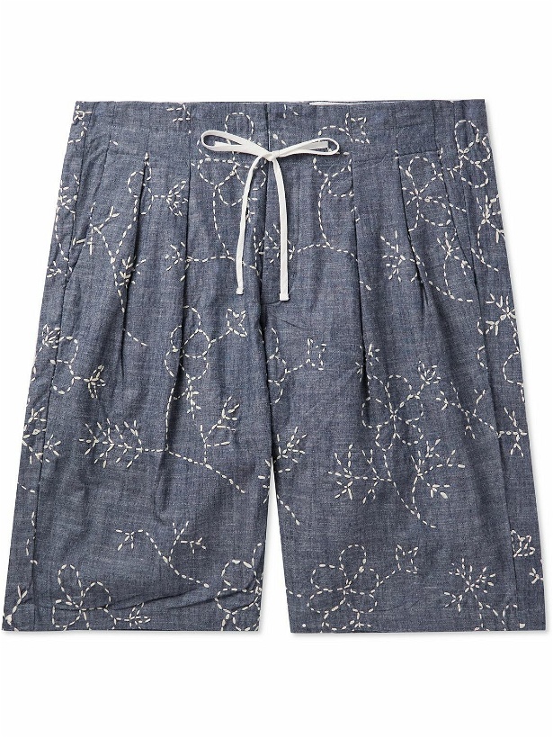 Photo: Monitaly - Straight-Leg Embroidered Cotton Drawstring Shorts - Blue