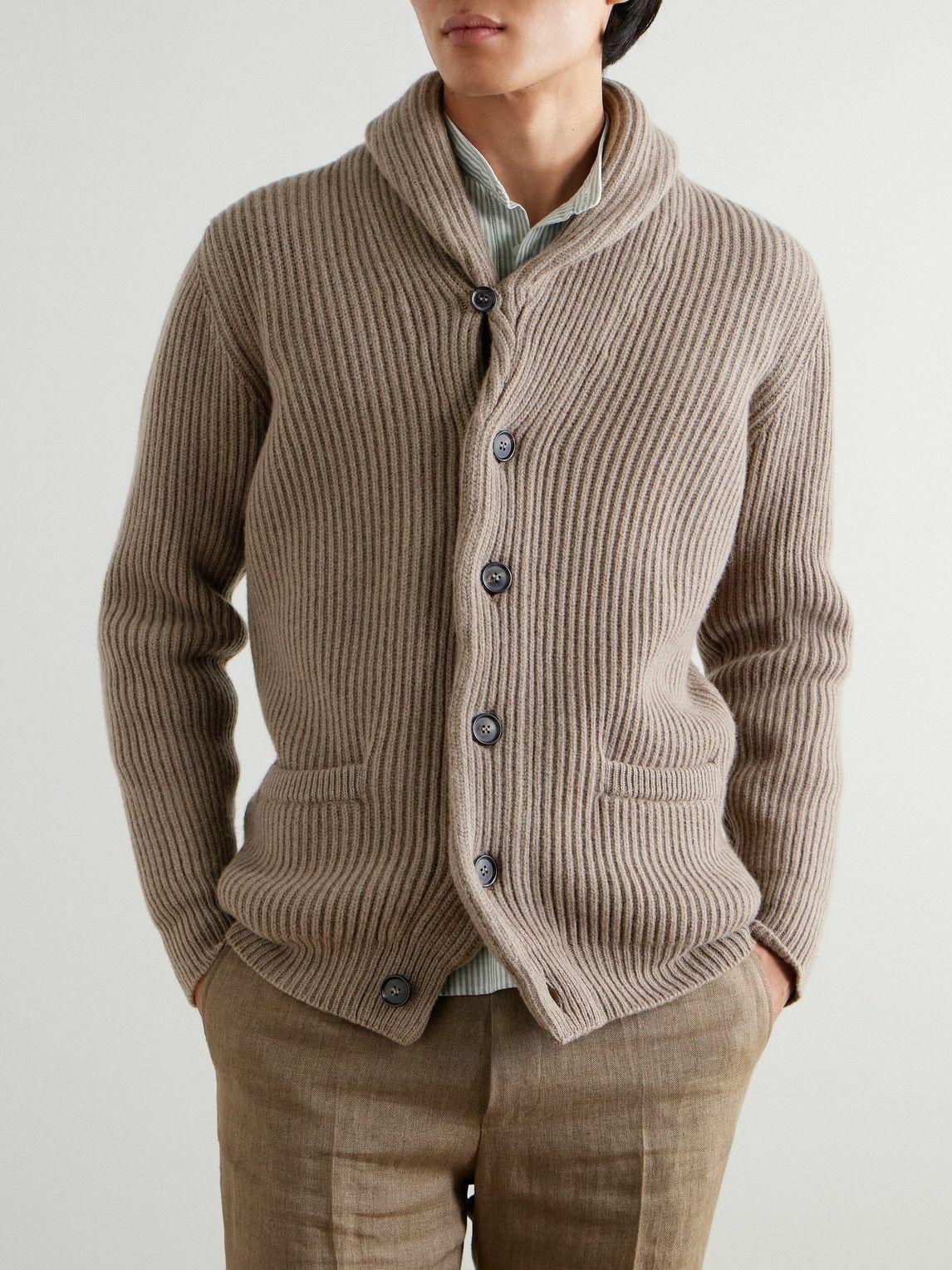 Kingsman - Shawl-Collar Ribbed Wool and Cashmere-Blend Cardigan - Neutrals