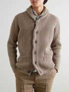 Kingsman - Shawl-Collar Ribbed Wool and Cashmere-Blend Cardigan - Neutrals