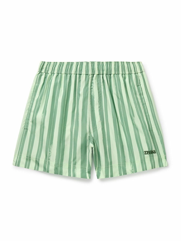 Photo: Zegna - Straight-Leg Mid-Length Logo-Embroidered Striped Shell Swim Shorts - Green