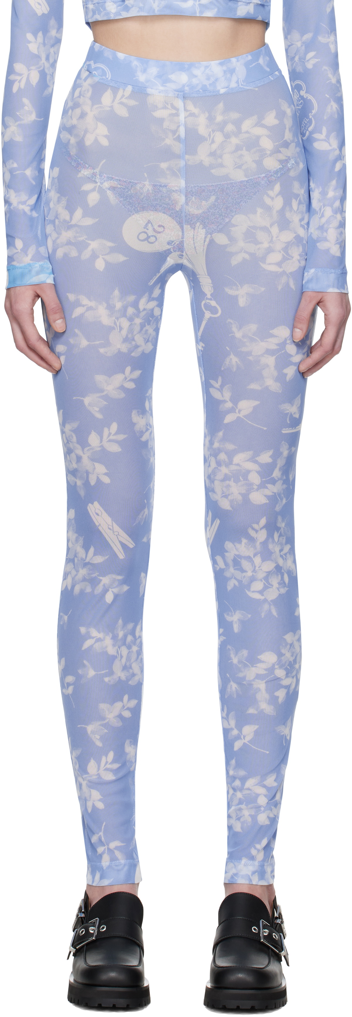Moschino Jeans Blue Floral Print Mesh Leggings