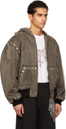 We11done Gray Studded Hooded Bomber Jacket