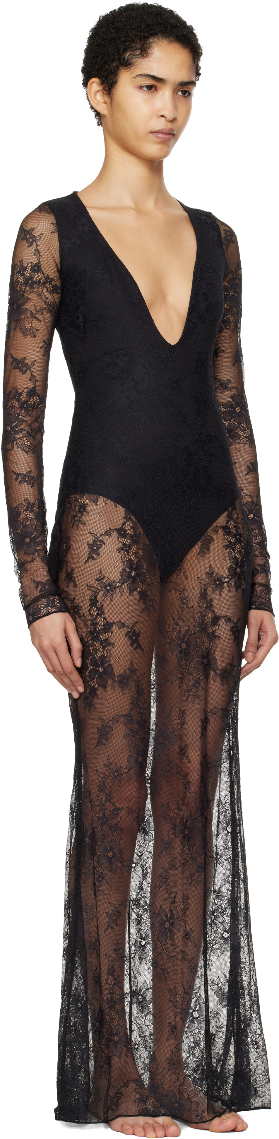 SKIMS Black Ultra Fine Lace Plunge Long Maxi Dress SKIMS