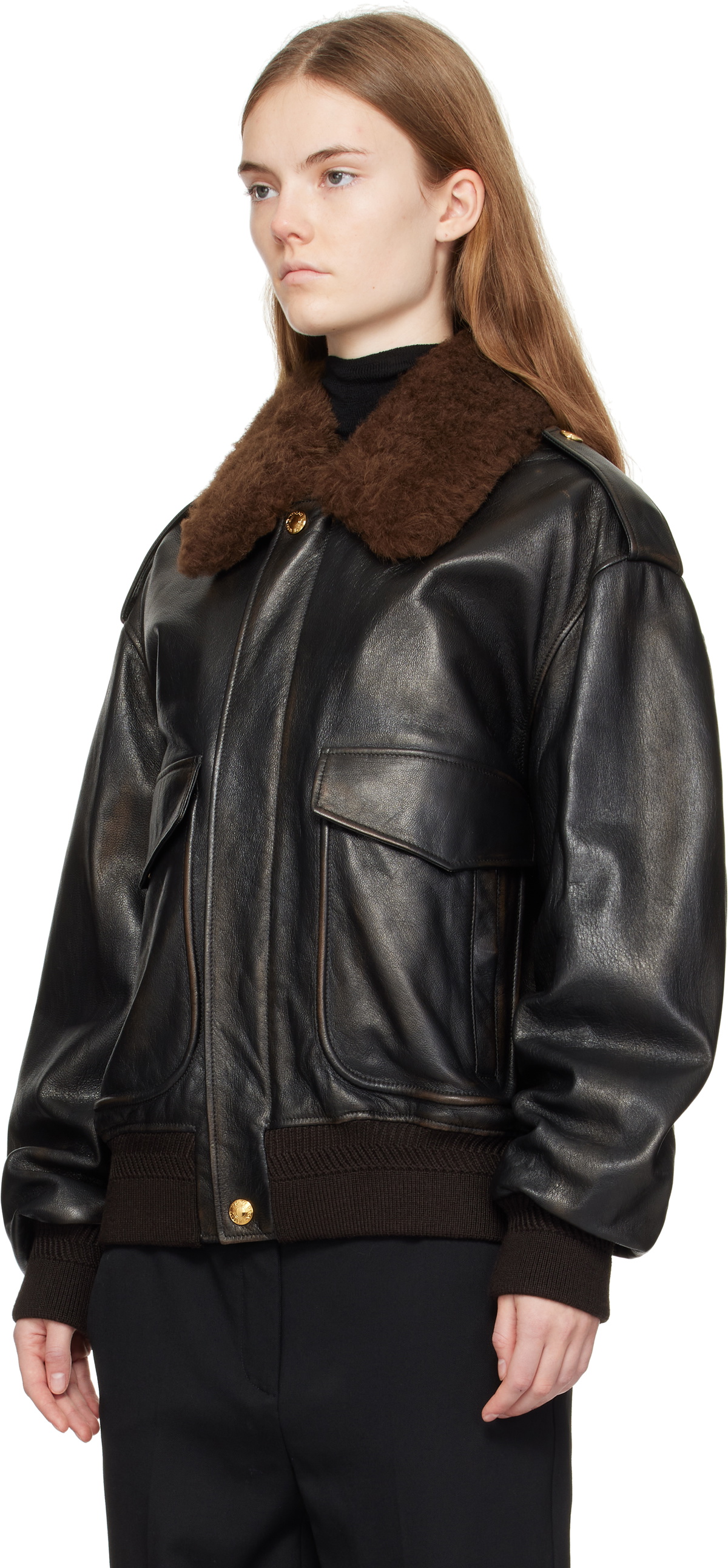 Versace Black Shearling Collar Leather Bomber Jacket Versace