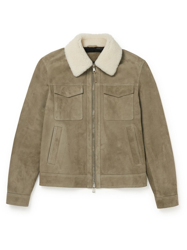 Photo: Mr P. - Shearling-Trimmed Suede Trucker Jacket - Green