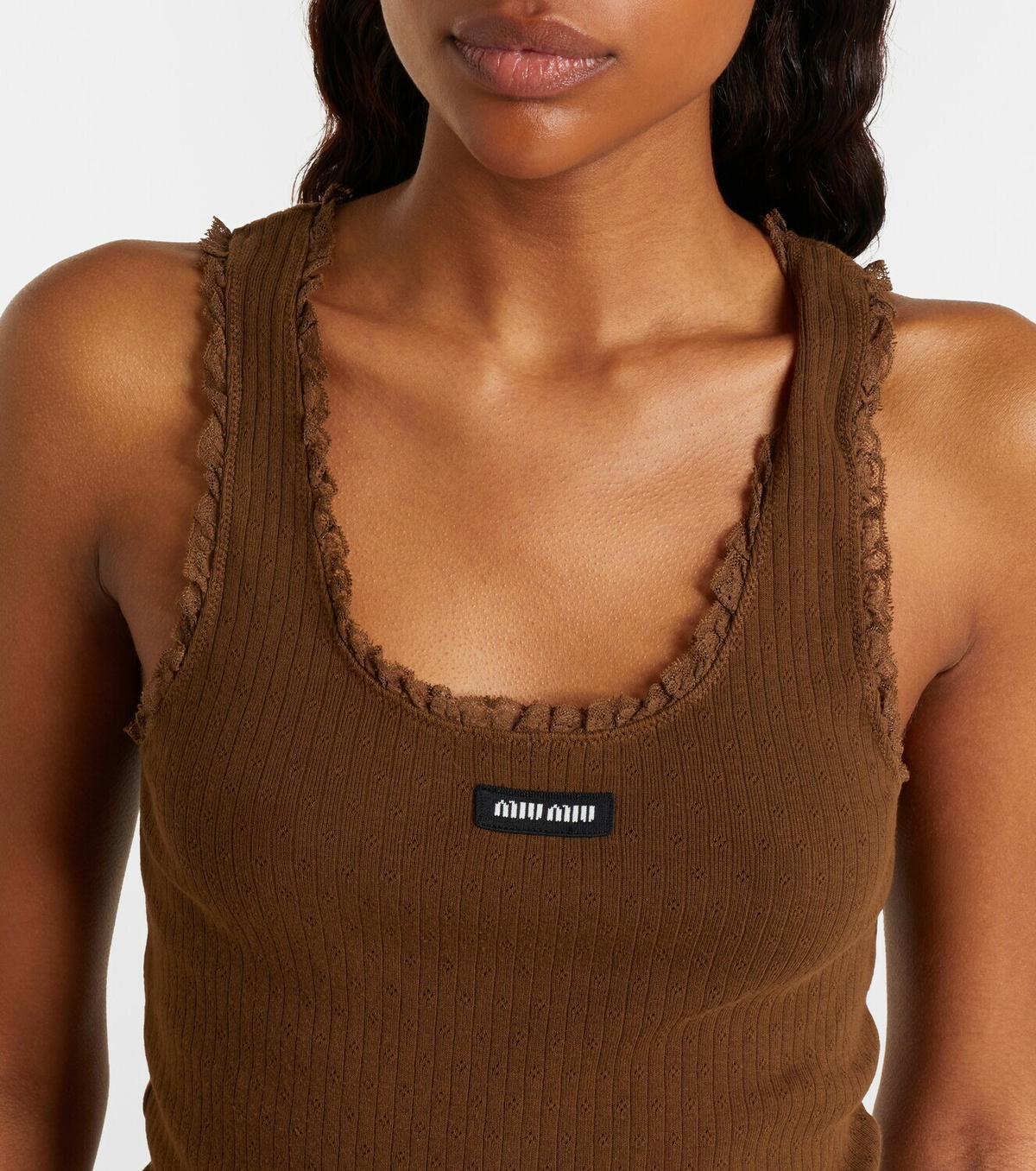Miu Miu Lace-trimmed pointelle cotton tank top