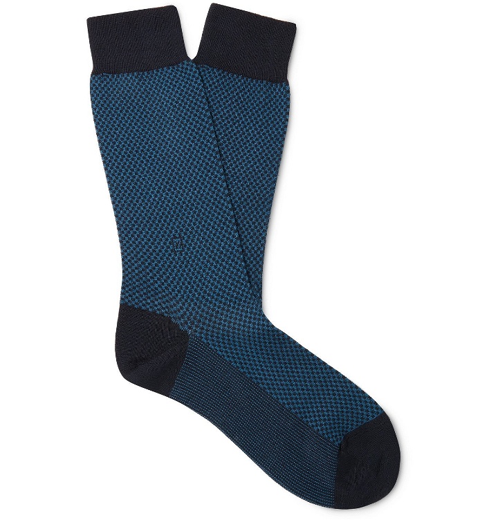 Photo: Ermenegildo Zegna - Micro-Checked Stretch Cotton-Blend Socks - Blue