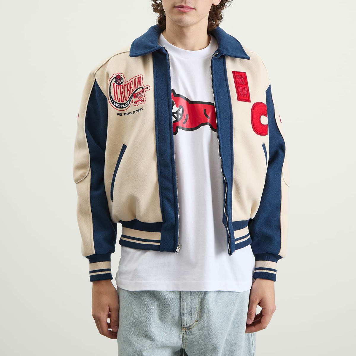 ICECREAM Men's Checkout Varsity Jacket in Ecru/Blue