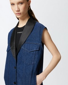 Pinko Denim Vest With Black Satin Lapel Collar Mid Wash