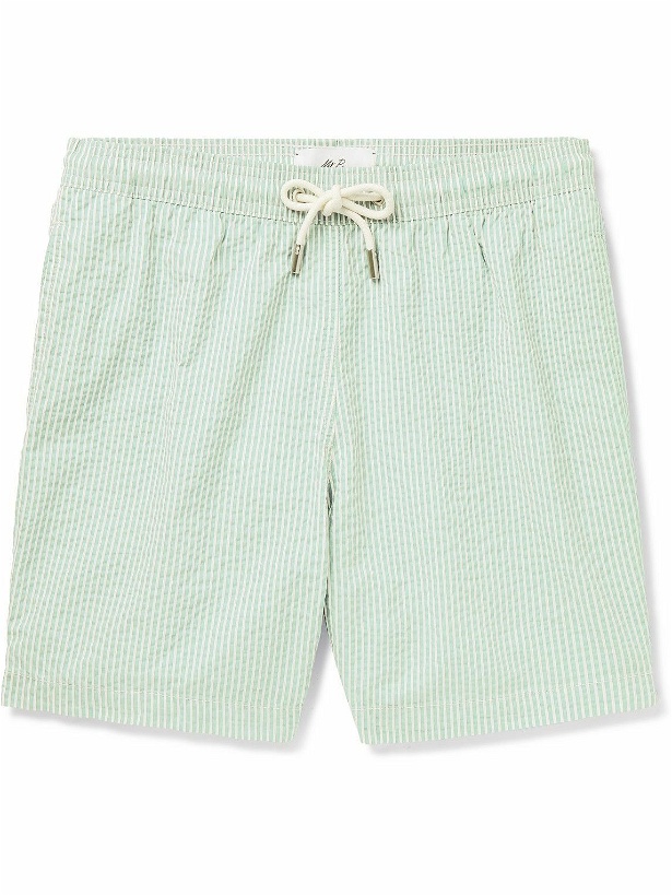 Photo: Mr P. - Striped Cotton-Blend Seersucker Swim Shorts - Green