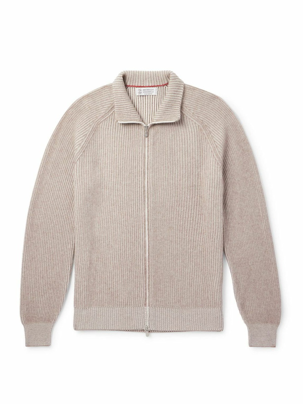 Photo: Brunello Cucinelli - Slim-Fit Ribbed Cashmere Zip-Up Cardigan - Neutrals