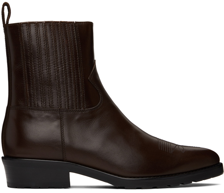 Photo: Toga Virilis SSENSE Exclusive Brown Hard Leather Chelsea Boots