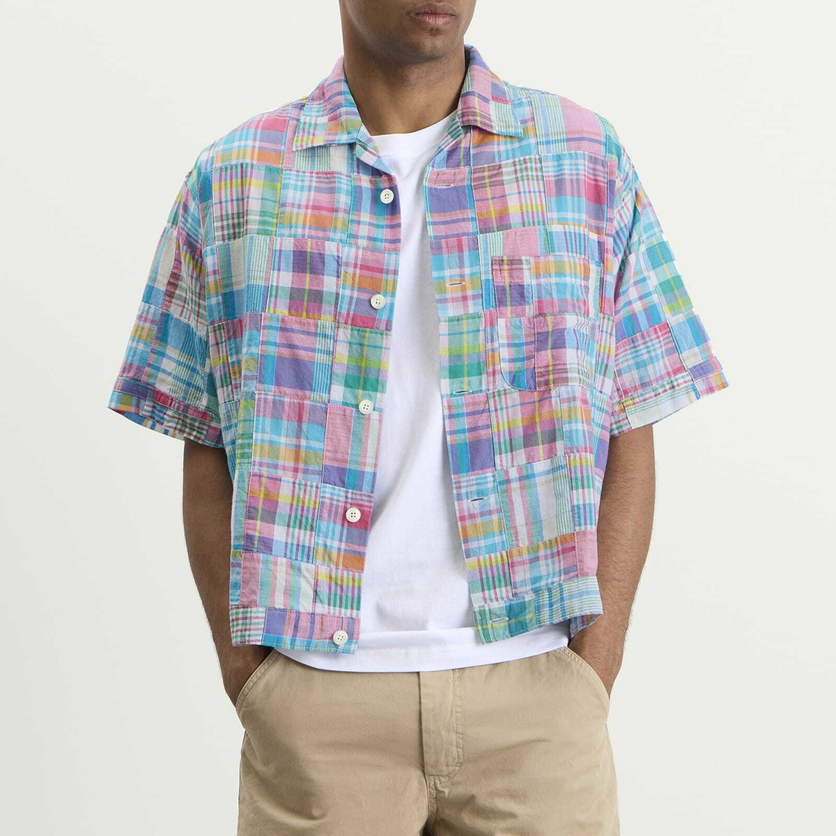 Beams Plus Men's Patchwork Madras Cabana Shirt in Pink