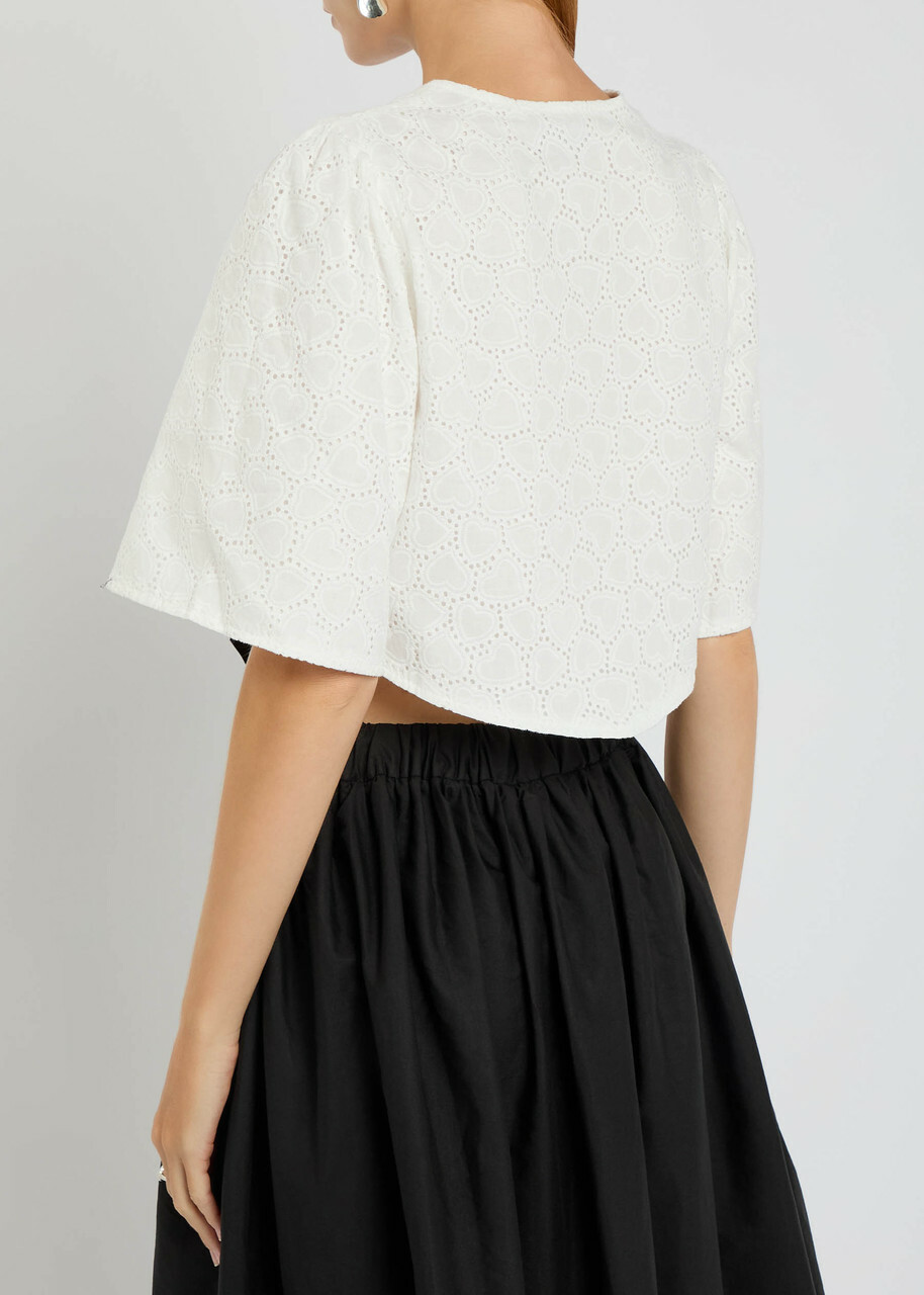 Sister Jane Blanca Broderie-anglaise Cotton Cropped Blouse White And Black