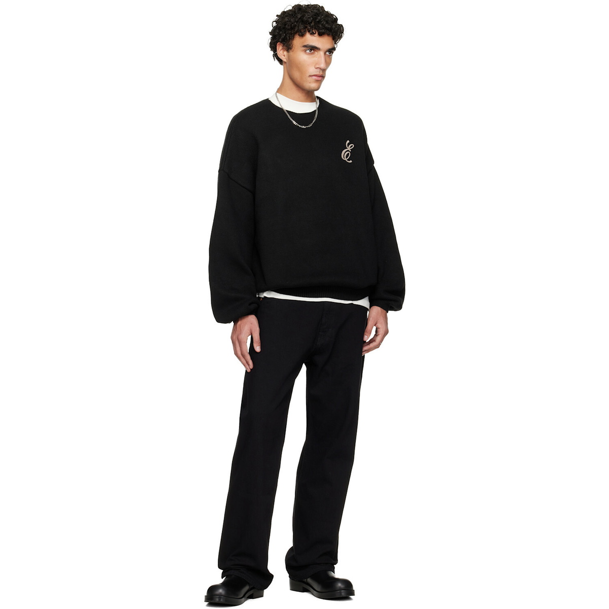 Fear of God ESSENTIALS Black Holiday Embroidered Merino Crewneck Sweater