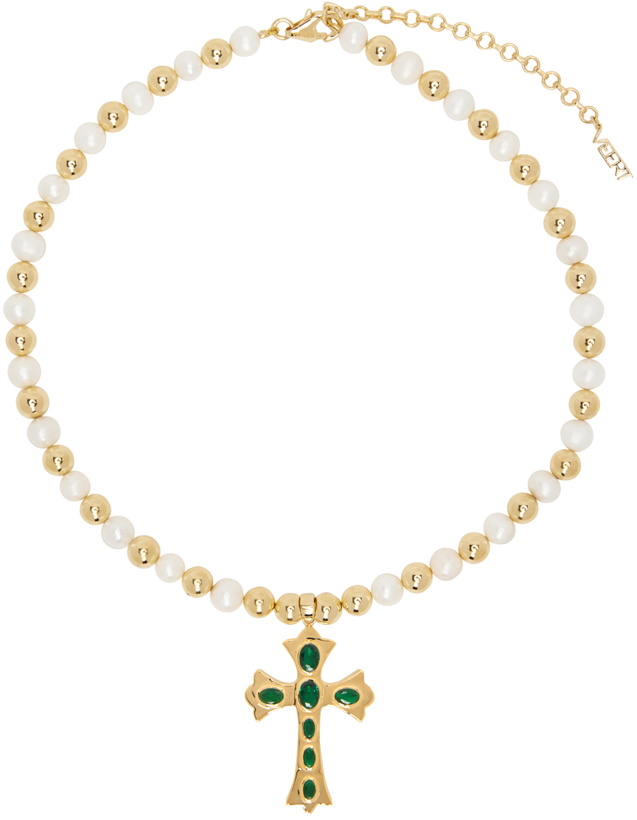 Photo: VEERT Gold & Green Freshwater Pearl Cross Necklace