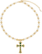 VEERT Gold & Green Freshwater Pearl Cross Necklace
