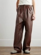 LOEWE - Straight-Leg Pleated Leather Tousers - Brown