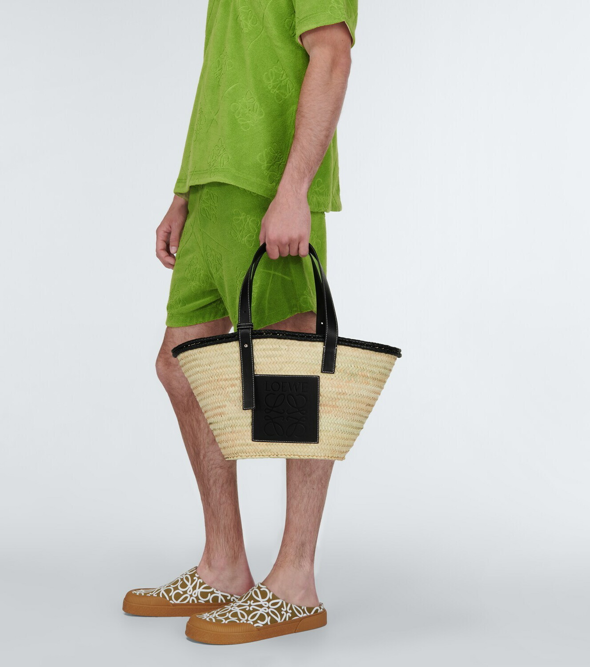 Loewe Logo Medium Raffia Basket Bag With Leather Trim