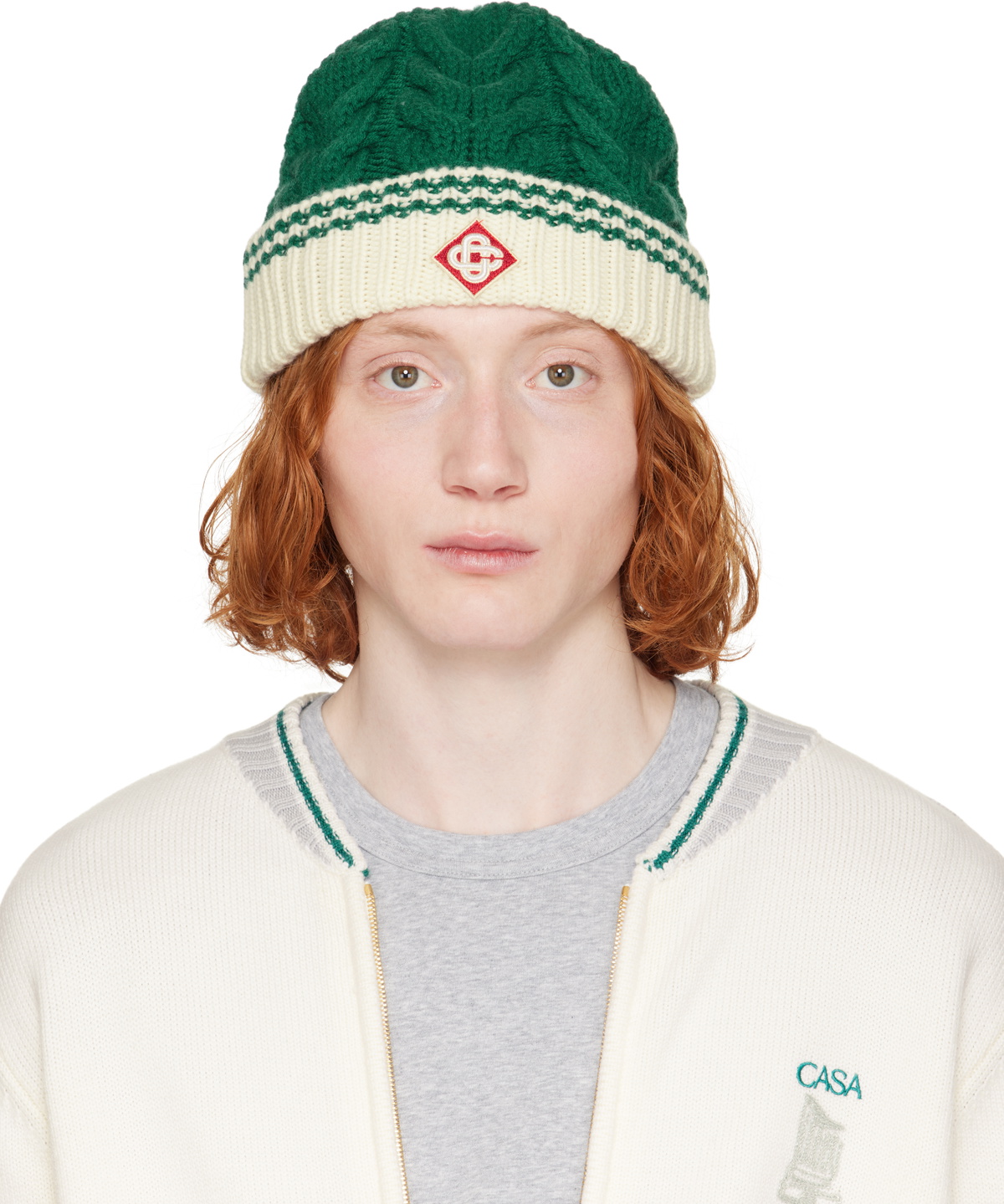 Casablanca モヘヤビーニー Casablanca Green & Off-White Cable Stitch Beanie Casablanca
