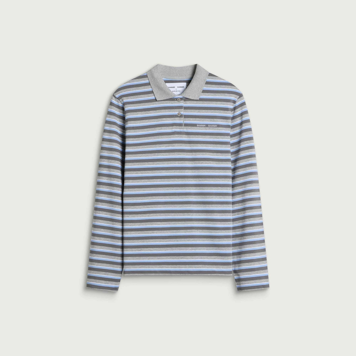 Samsøe Samsøe Women's x Madeline Argy Sadover Long Sleeve Polo in Grey/Blue Stripe