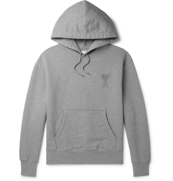Photo: AMI PARIS - Logo-Embroidered Organic Loopback Cotton-Jersey Hoodie - Gray