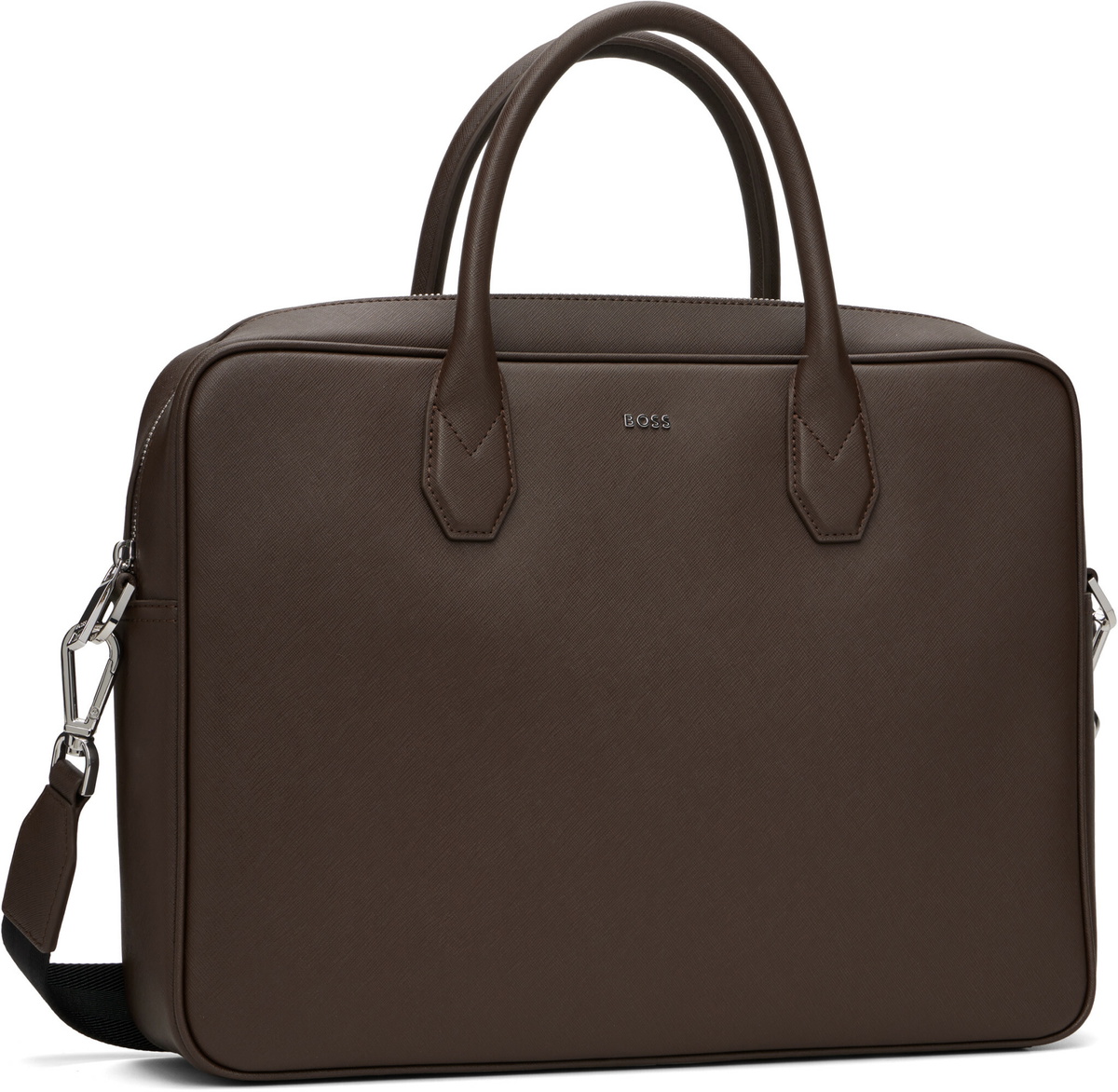 BOSS Brown Logo Lettering Grained Briefcase