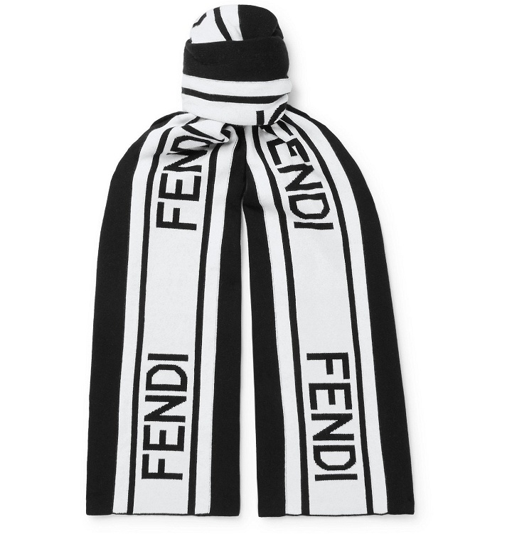 Photo: Fendi - Striped Logo-Intarsia Cotton and Wool-Blend Scarf - Black