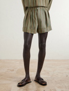 SAINT LAURENT - Wide-Leg Piped Pleated Striped Recycled-Twill Shorts - Green