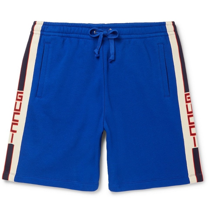 Photo: Gucci - Wide-Leg Logo Webbing-Trimmed Loopback Cotton-Jersey Shorts - Men - Blue