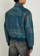 Versace Logo-embossed Distressed Leather Jacket Blue