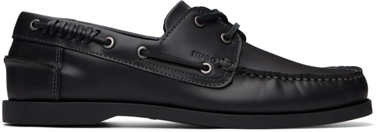 Hugo Black Leather Lacing Detail Boat Shoes