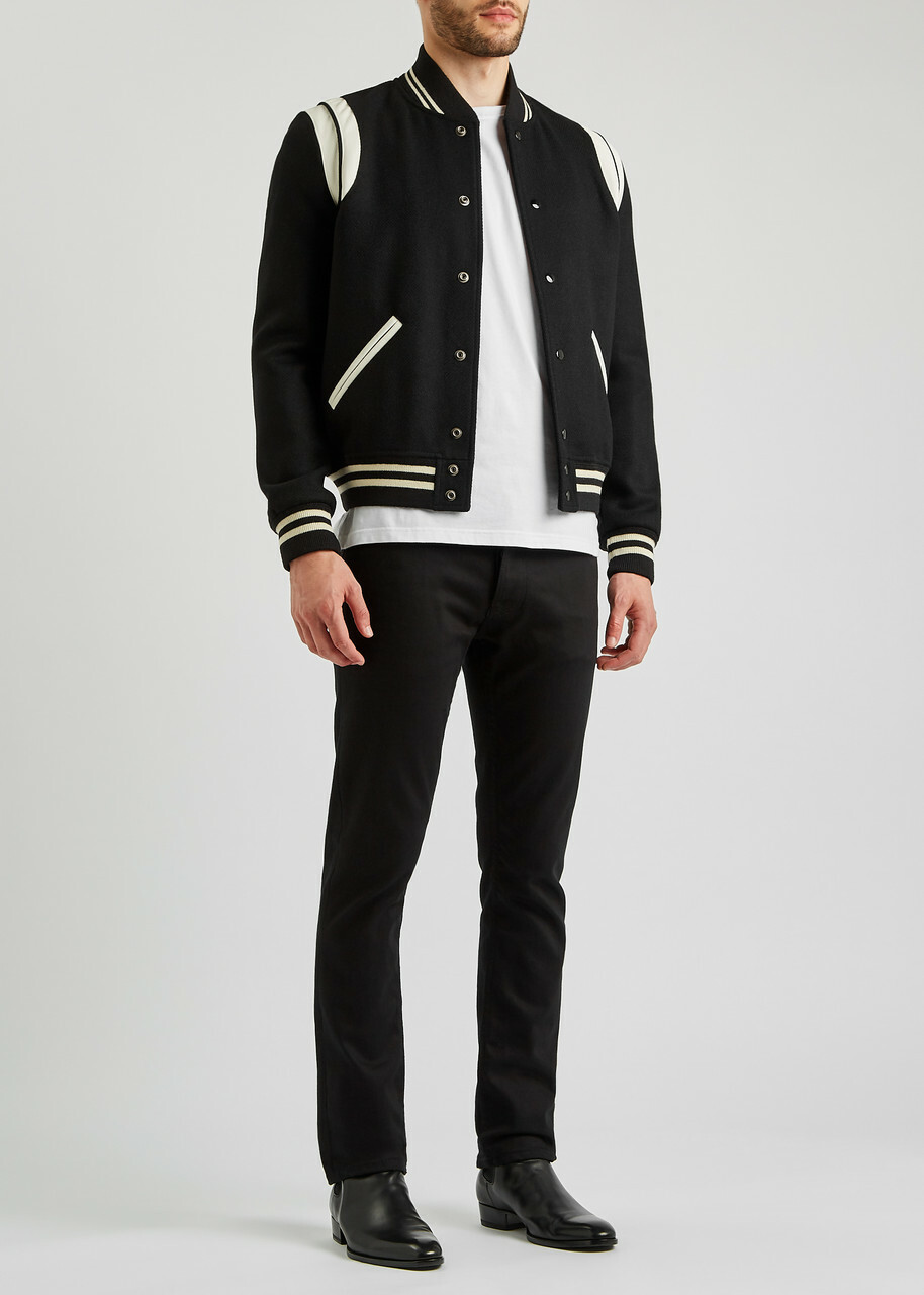 ジャケット SAINT LAURENT Black Wool Blend Bomber Jacket Saint Laurent Panelled Wool-blend Bomber Jacket Black Saint