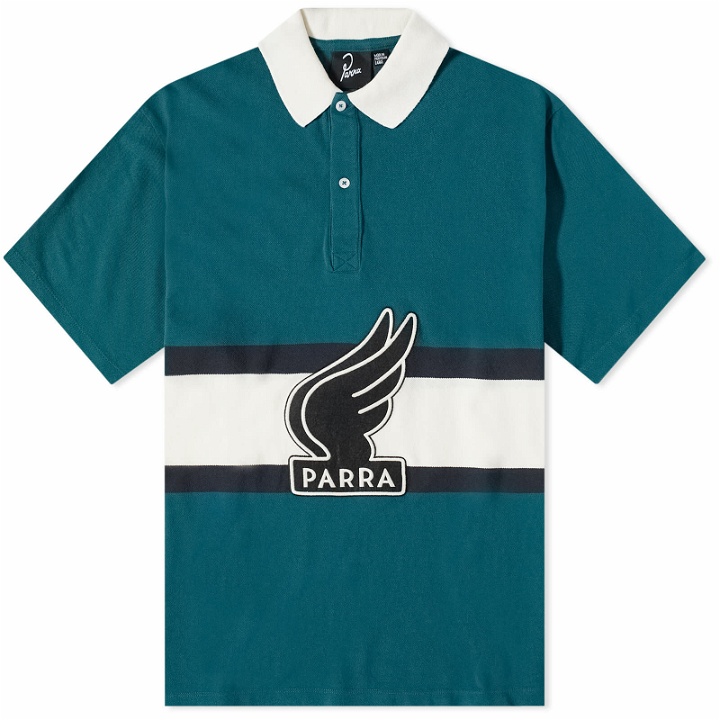 Photo: By Parra Men's Winged Logo Polo Shirt in Teal/Off White