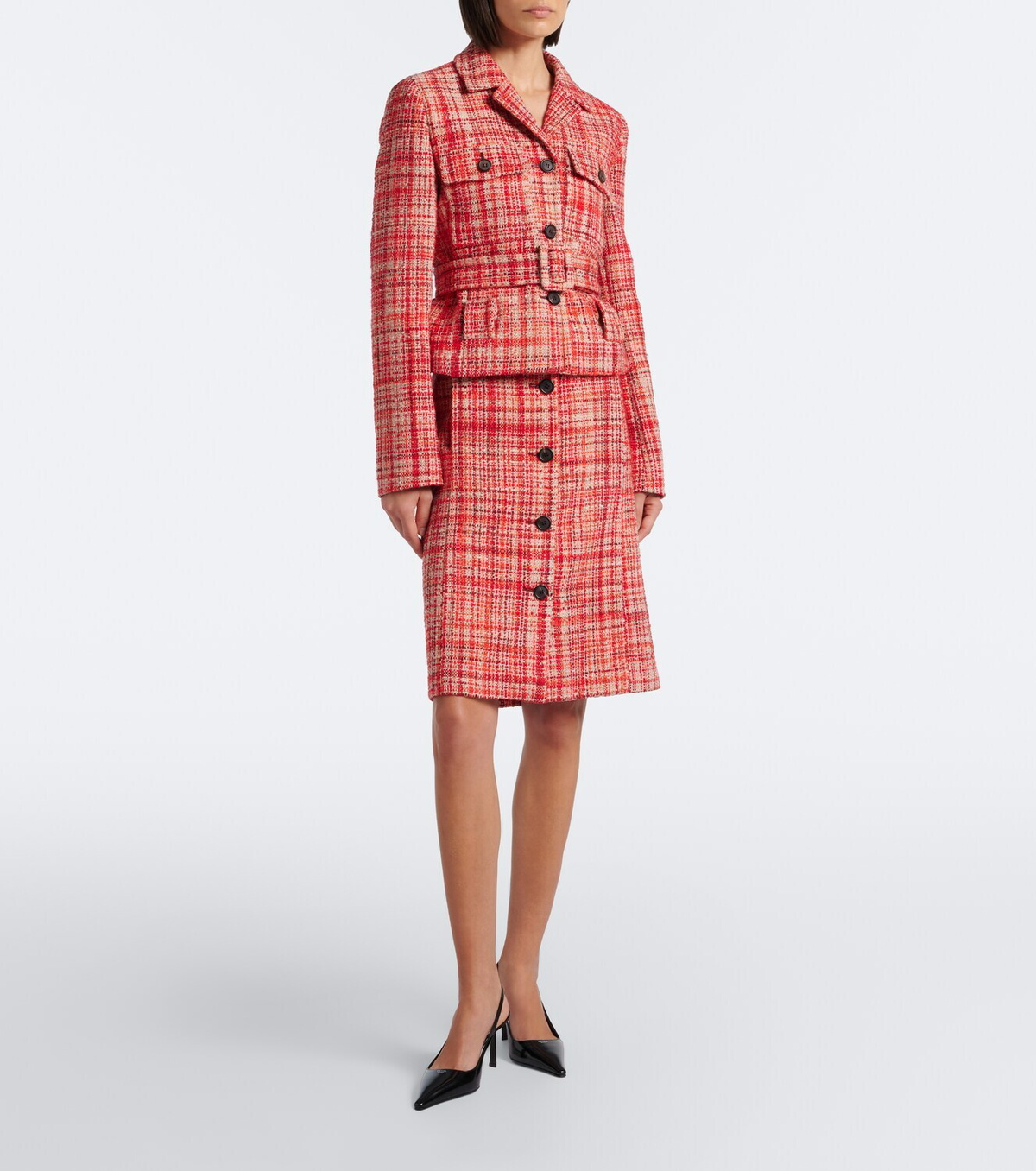 Prada Wool, cotton, and silk tweed midi skirt