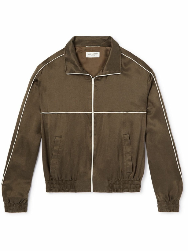 Photo: SAINT LAURENT - Teddy Piped Silk Satin-Jersey Track Jacket - Green