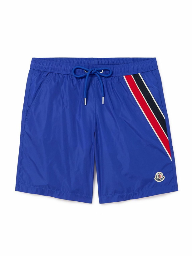 Photo: Moncler - Straight-Leg Mid-Length Logo-Appliquéd Striped Recycled Swim Shorts - Blue