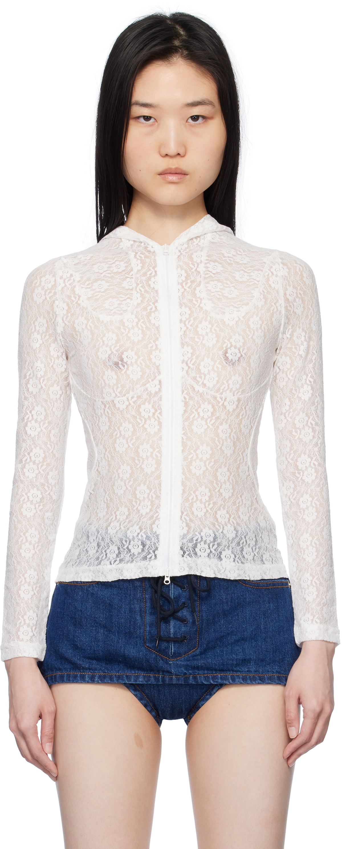 Pushbutton: White Lace Zip-Up Hoodie | SSENSE