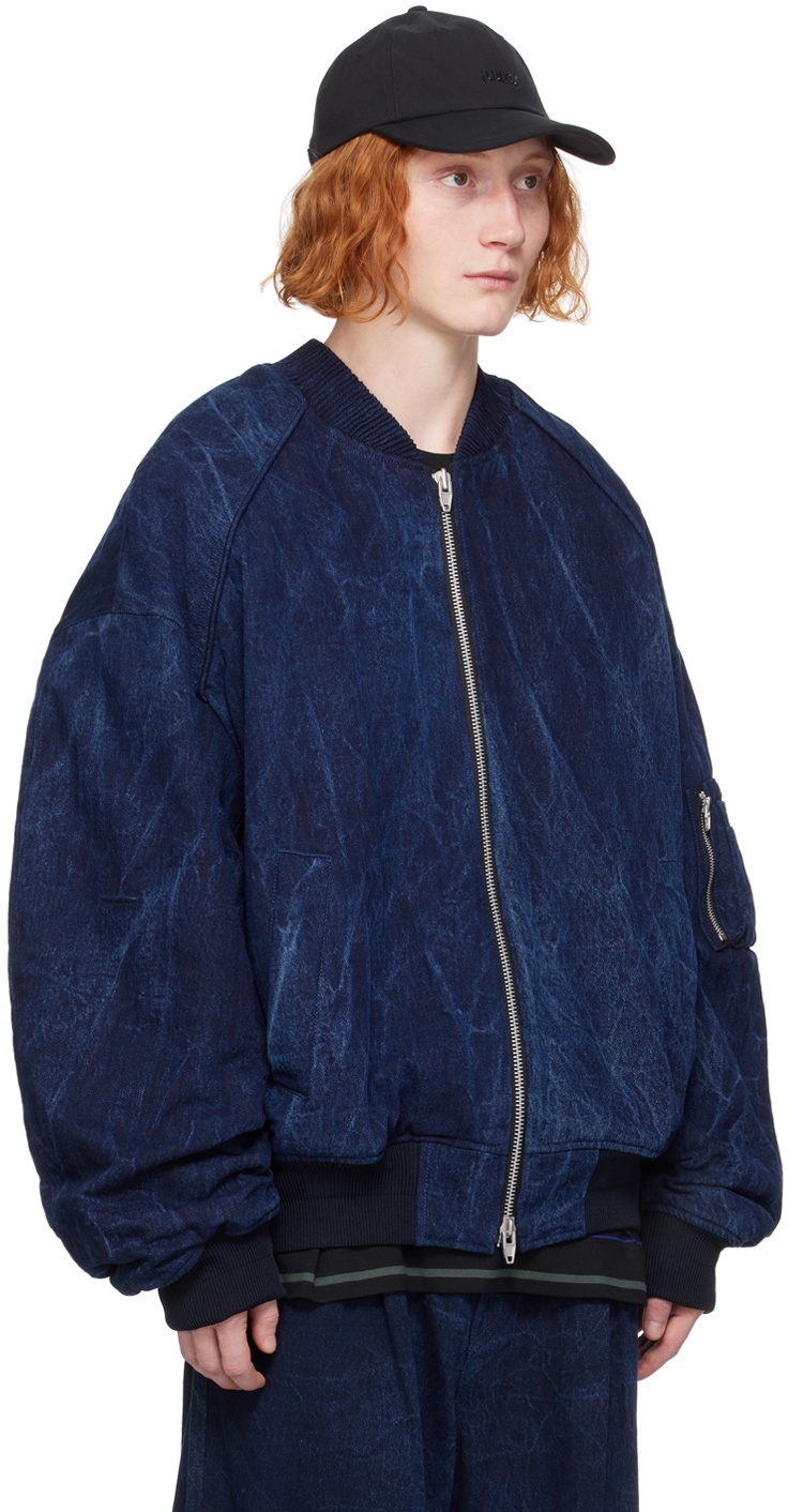 Juun.J Blue Oil-Washed Denim Bomber Jacket
