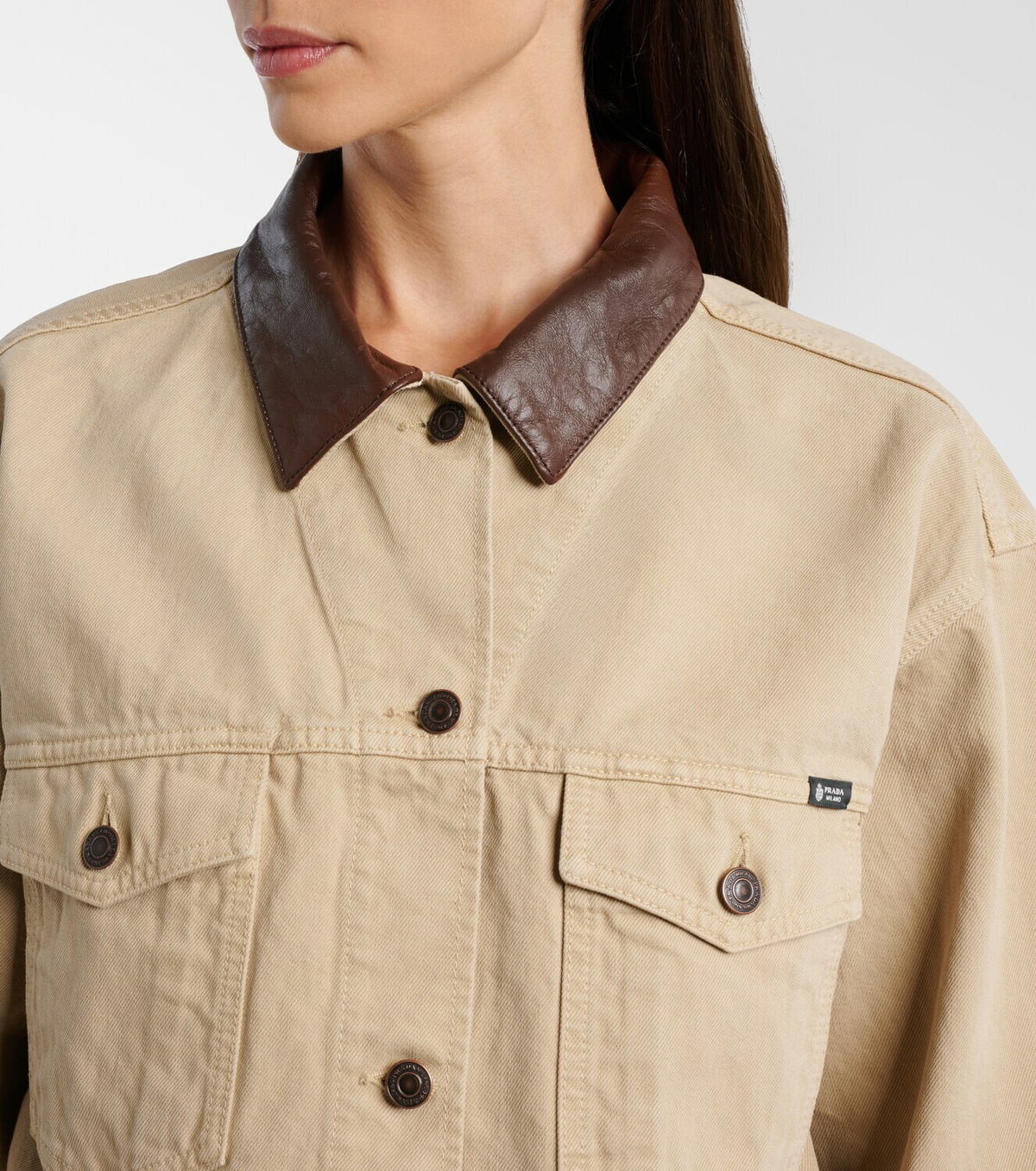 Prada Leather-trimmed cropped denim jacket